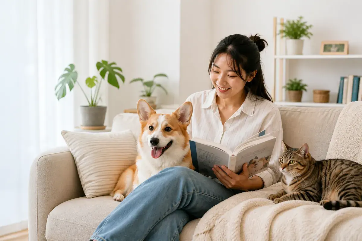 Chủ nuôi đọc cẩm nang cùng thú cưng